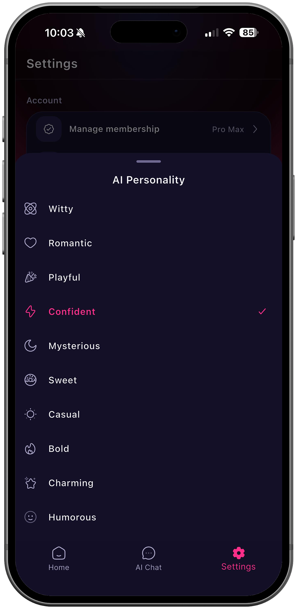 RizzDate settings with AI dating coach personality picker on iPhone
