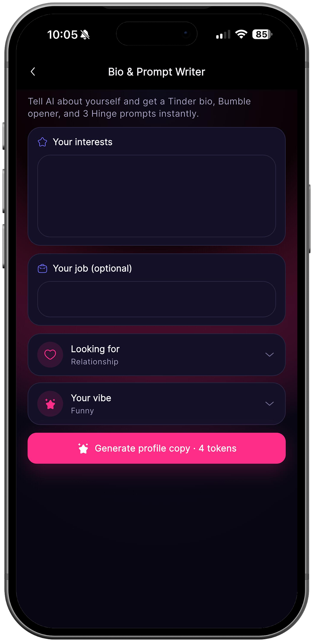 RizzDate Bio and Prompt Writer for Tinder, Bumble and Hinge profiles