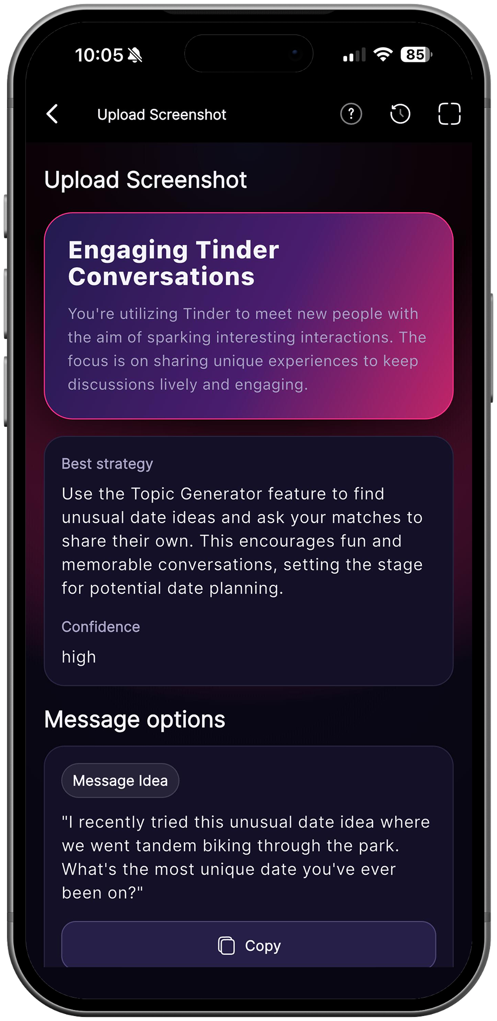 RizzDate AI strategy after analyzing a Tinder chat screenshot