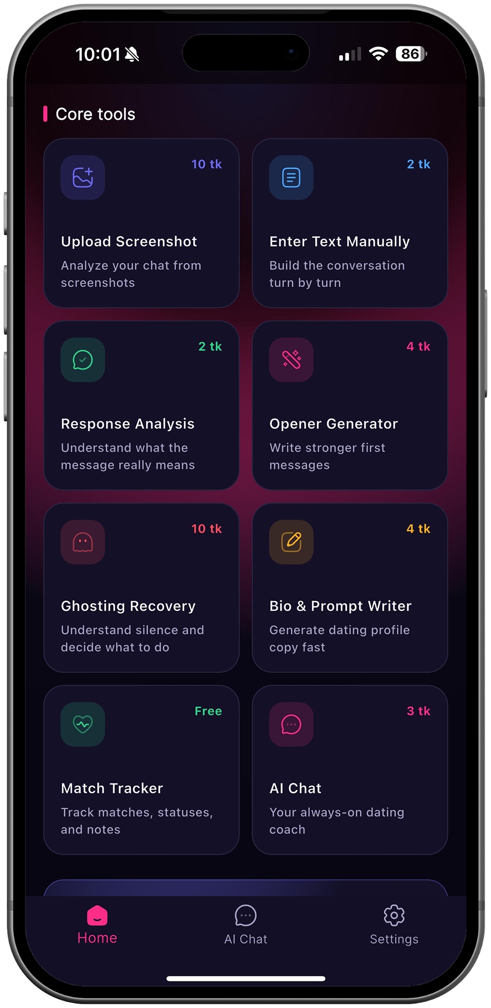 RizzDate home screen showing AI dating coach core tools