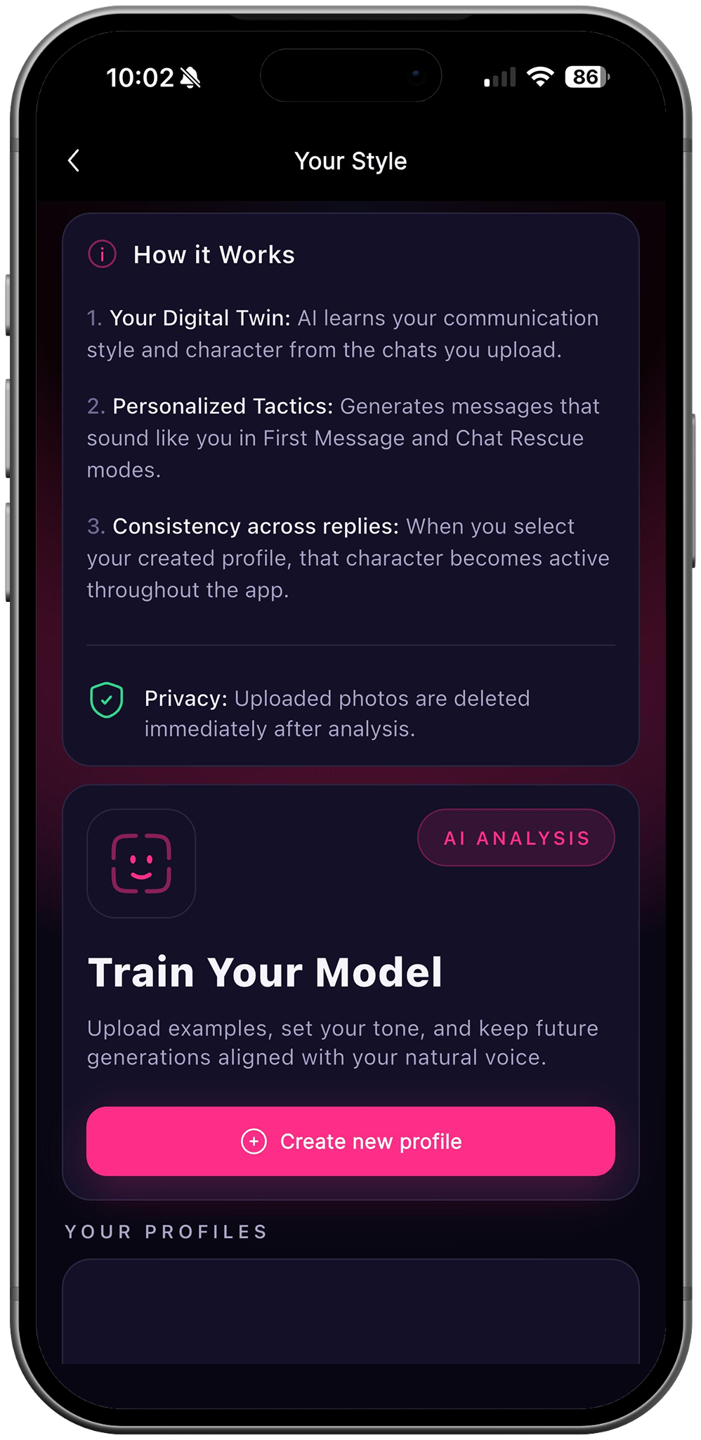 RizzDate Your Style screen for training a digital twin voice