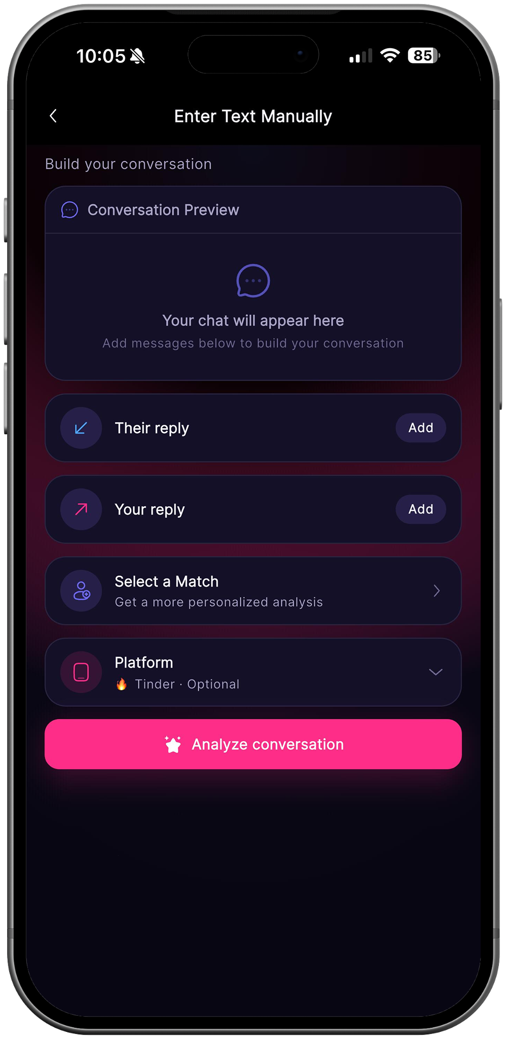 RizzDate manual chat entry to build a conversation for analysis