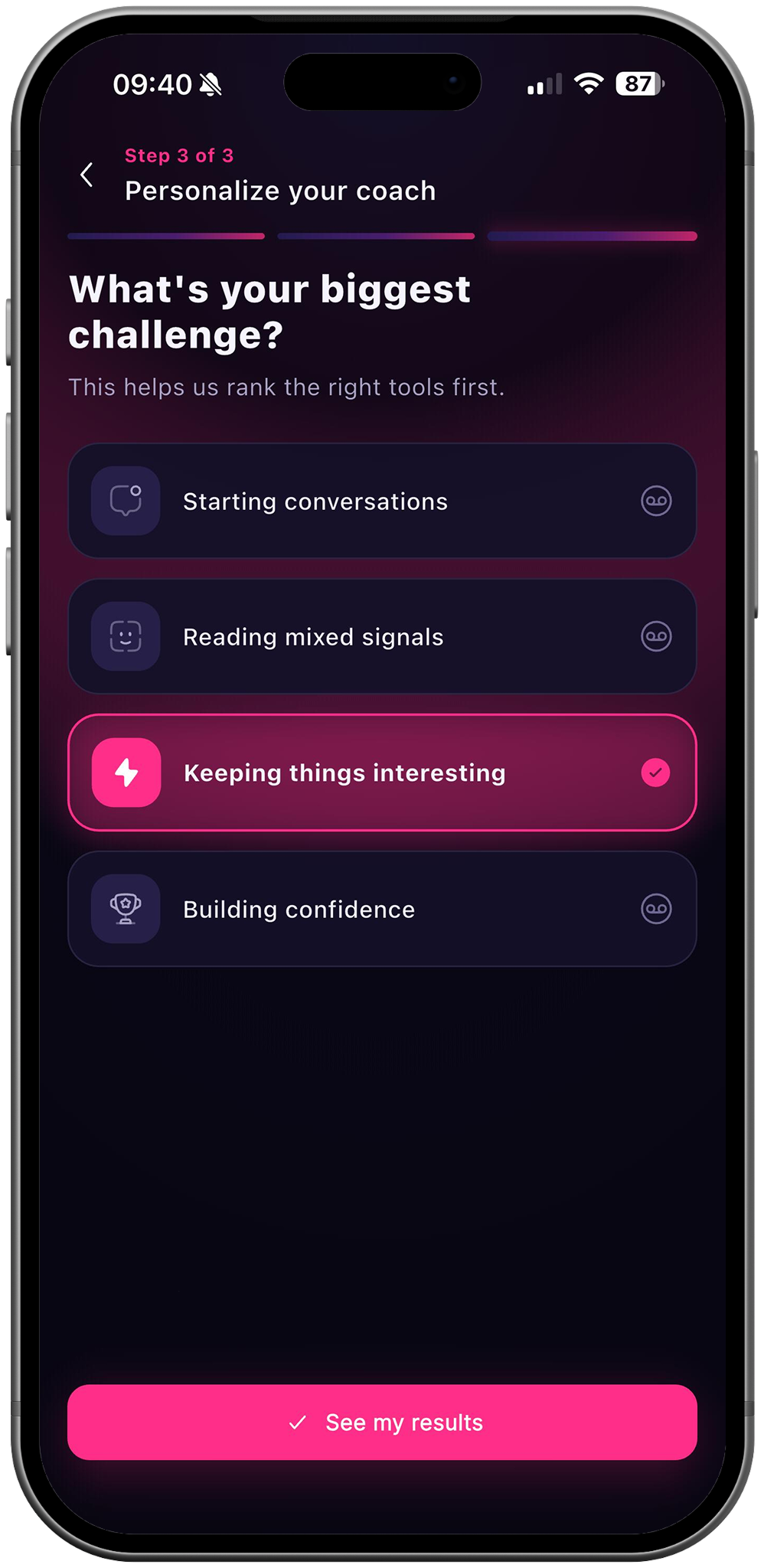 RizzDate onboarding asking for the biggest dating challenge