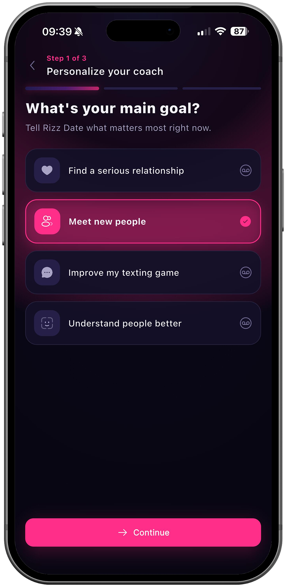 RizzDate onboarding asking for the user's main dating goal