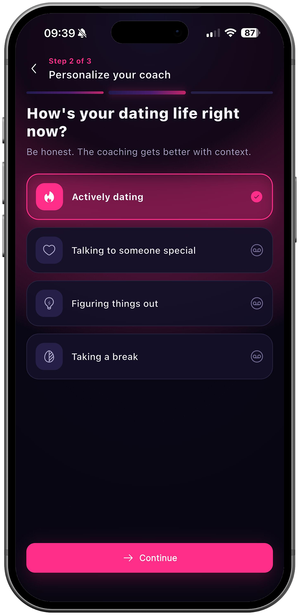 RizzDate onboarding asking how dating life is going right now