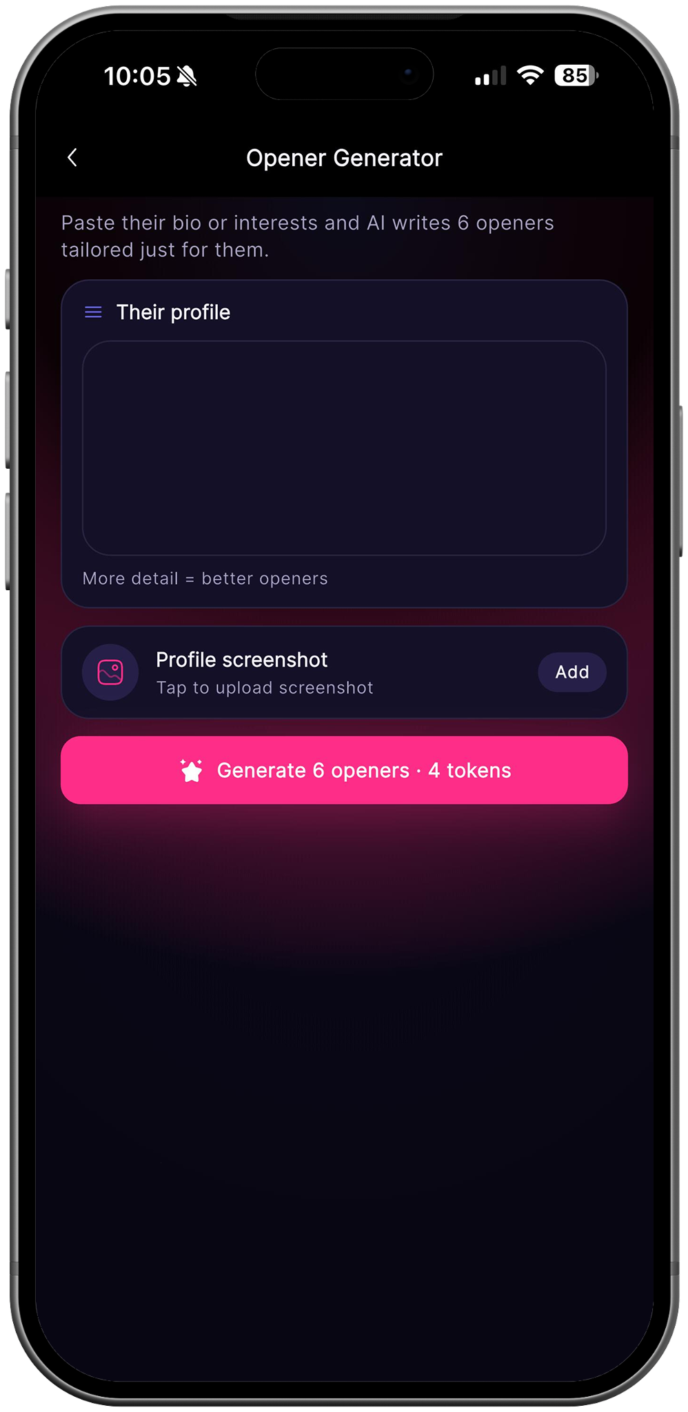 RizzDate Opener Generator writing first messages from a dating profile