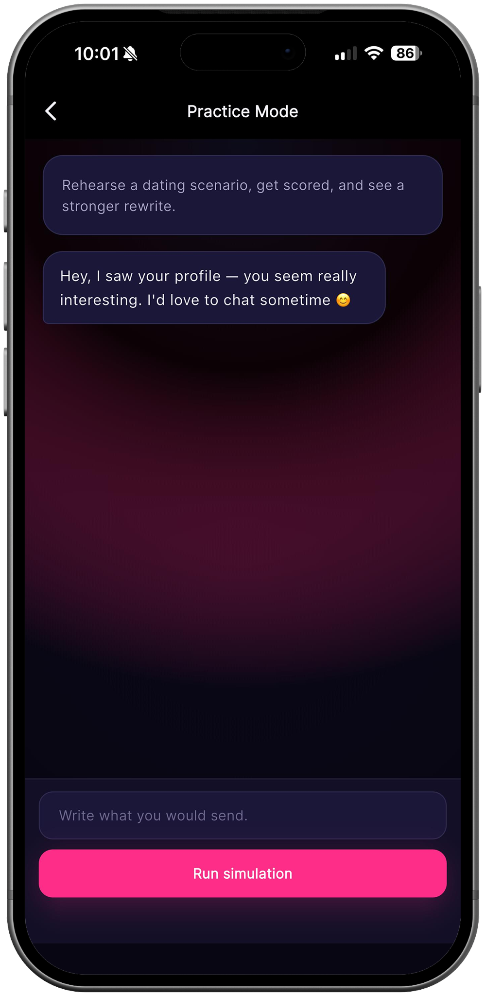 RizzDate Practice Mode simulating a dating conversation