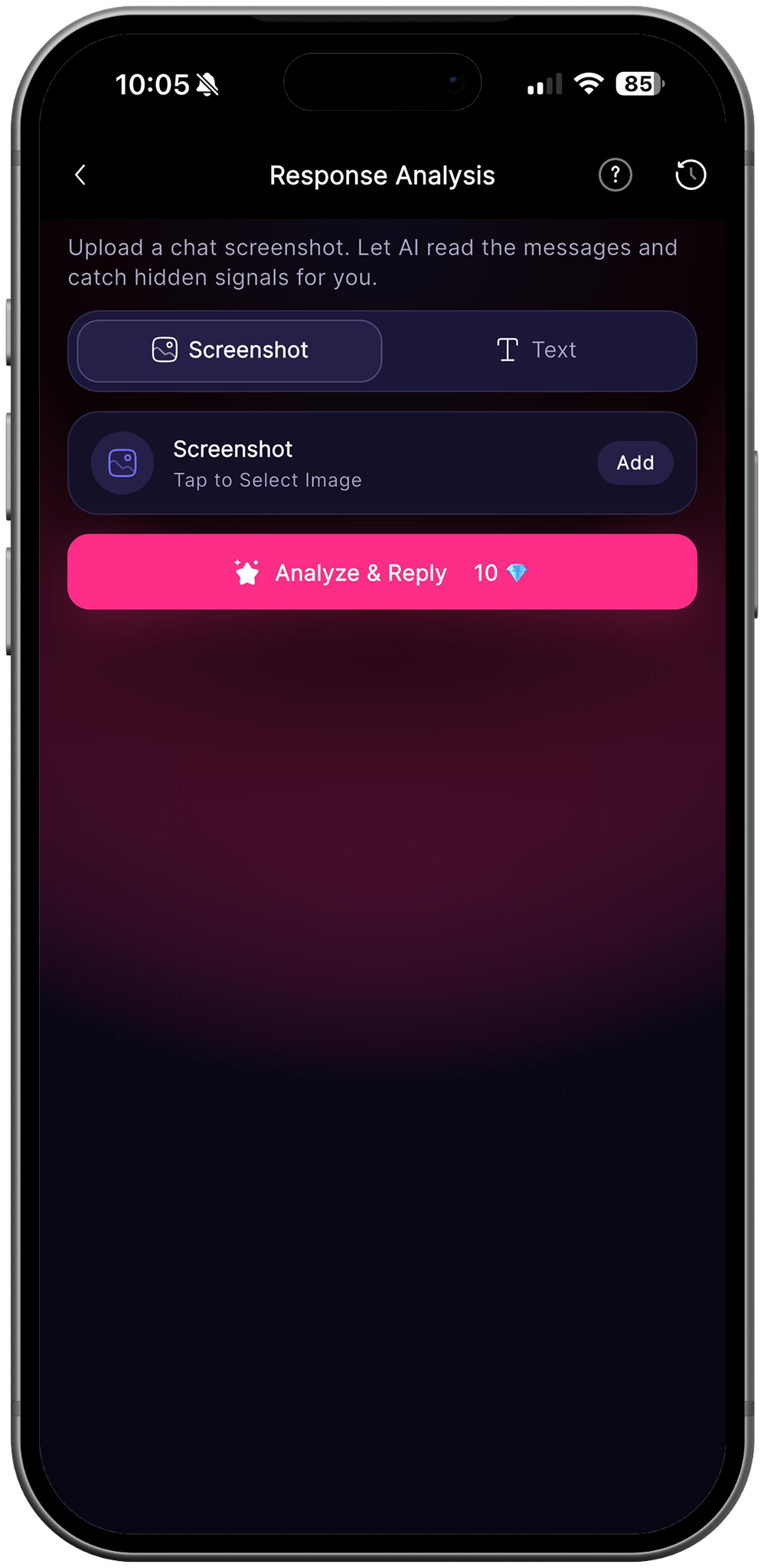 RizzDate Response Analysis uploading a chat screenshot for AI coaching
