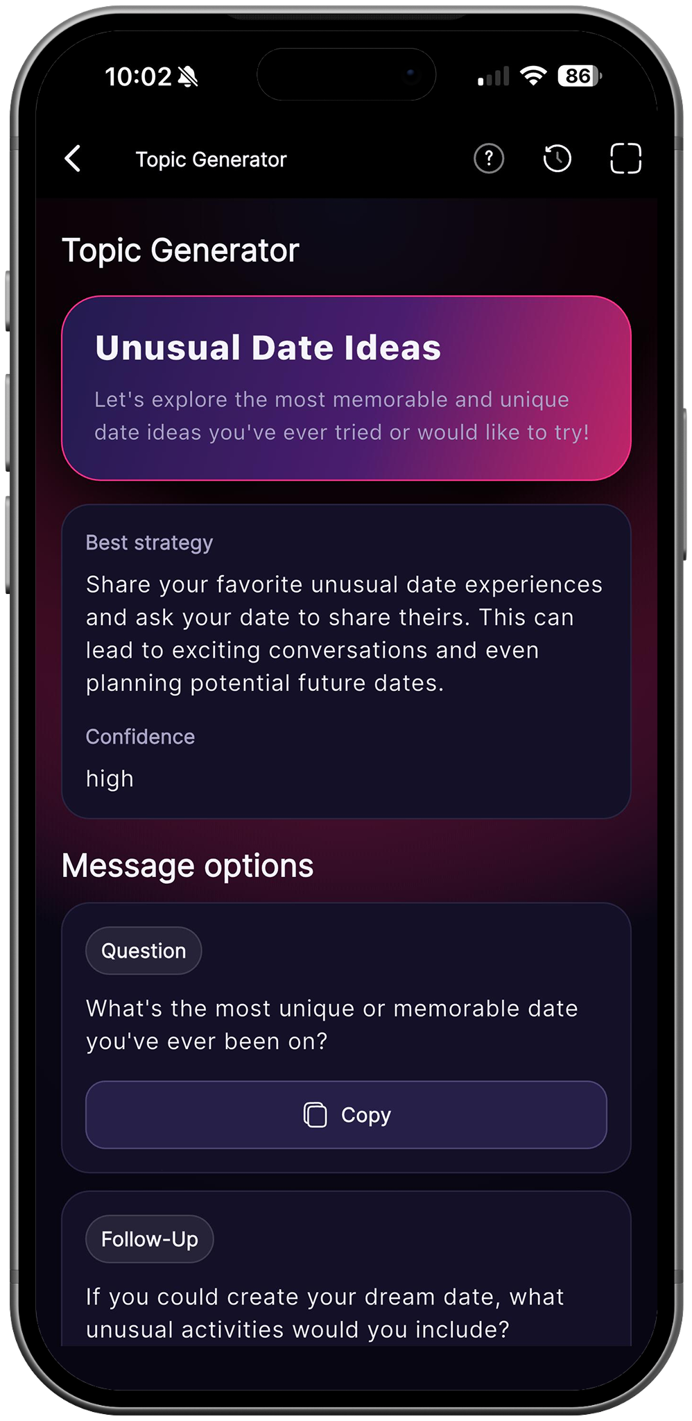 RizzDate Topic Generator suggesting unusual date ideas and copyable messages